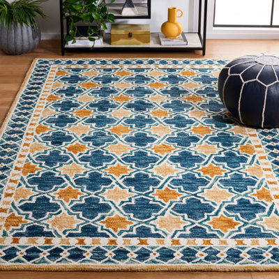 Hand Tufted Wool/Cotton Southwestern Rug in Navy/Yellow
