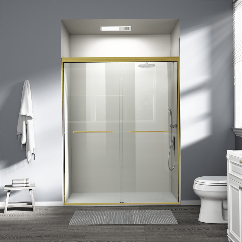 Double porte de douche coulissante, porte de salle de bain semi-sans cadre pour douche à l'italienne, Or brossé