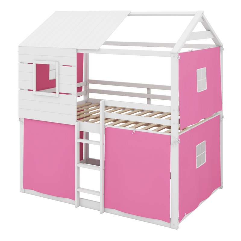 Structure de lit en bois avec fenêtres élégantes, garde-corps et tente, Lit superposé double sur double, Rose/Blanc