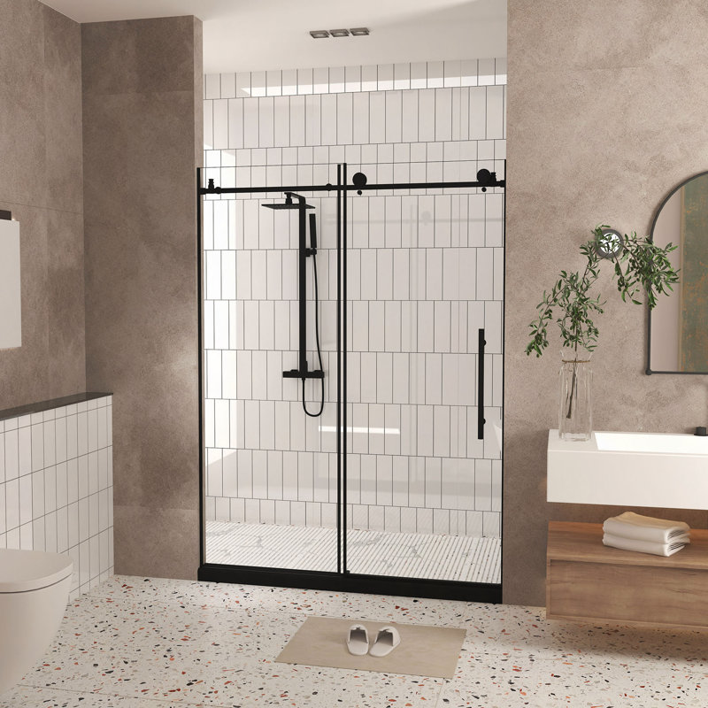 Frameless Shower Door 44-48"W X 76" H, 1/4 "(6 Mm) Clear Tempered Glass, Explosion Proof Film, Stainless Steel Handle