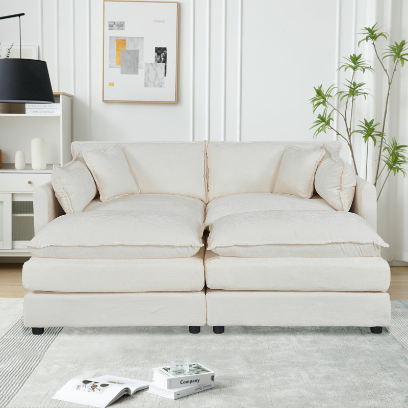 Canapé-lit en chenille moderne avec repose-pieds, H 33,85 po x l 77,16 po x P 35,82 po, Chenille beige