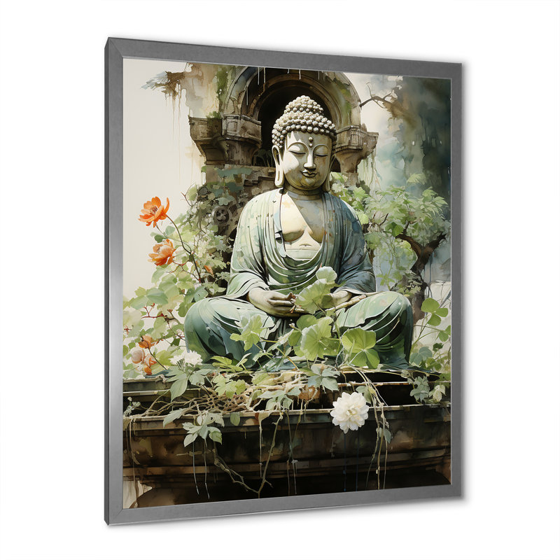 Art bouddhiste vert, art bouddhas sur toile, Cadre photo argenté, L 16 po x H 32 po