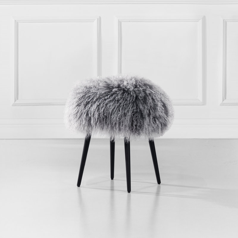 Stanny Upholstered Ottoman, Gray Genuine Fur