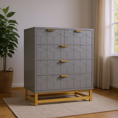  5 Drawer Contemporary Dresser for Bedroom, Chest with Gold Handles and Metal Legs, Wide Storage Drawers for Entryway, Living Room