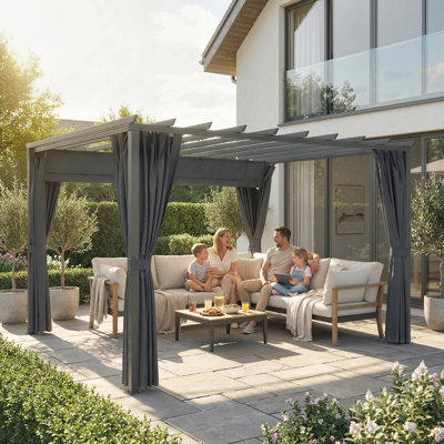 Outsunny 3.6 x 3 m Pergola with Retractable Roof Canopy, Curtains Dark Grey
