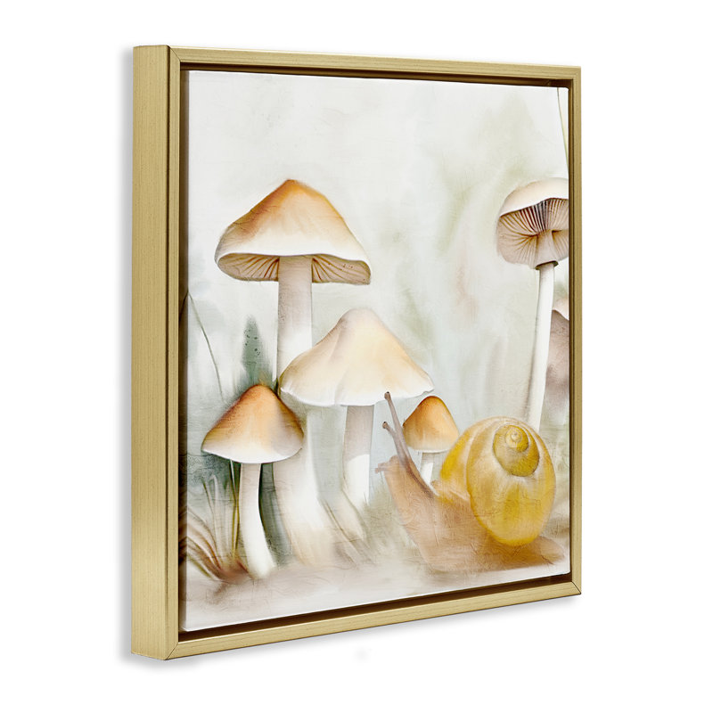 "Snail & Natural Mushroom", art mural sur toile flottante par Kim Allen, H 18 po x l 18 po, Cadre flottant métallique doré