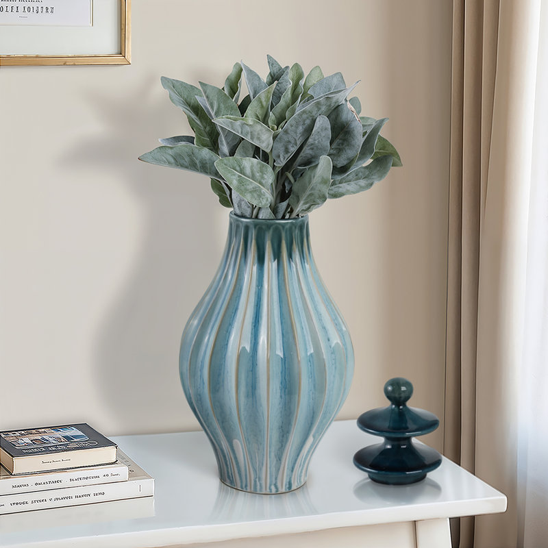 Grand pot en céramique avec couvercle Modern Modern cannelé pour décoration intérieure, Hauteur totale - 19 po, Vert