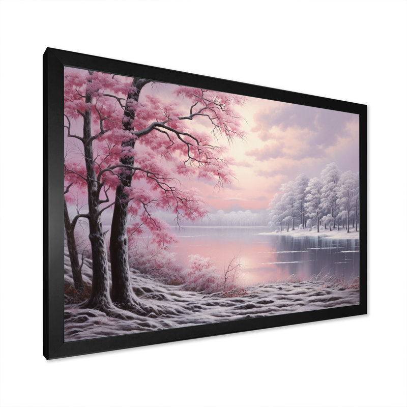 «Pink Winter Trees By The Riverside», reproduction sur toile, H 24 po x l 32 po x P 1 po, Cadre photo noir
