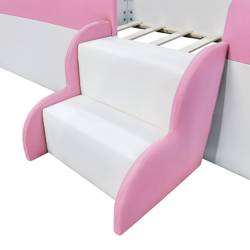 Lit pour enfant rembourré avec escalier, Rose / blanc, Simple