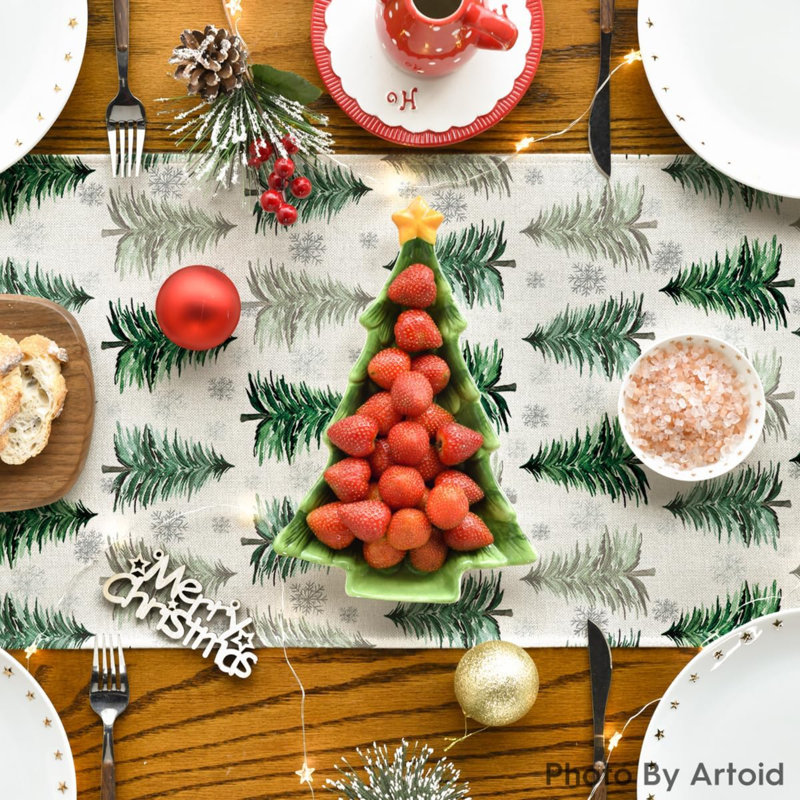 Xmas Tree Christmas Table Runner, Seasonal Winter Kitchen Dining Table Decoration For Home Party Decor, 48" x 13", Green