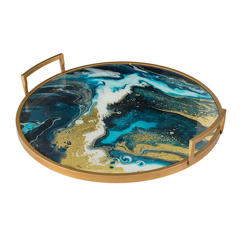20.9X20.1X3.1" Round Accent Mirrored Tray With Blue And Gold Artisitic Pattern And Handles