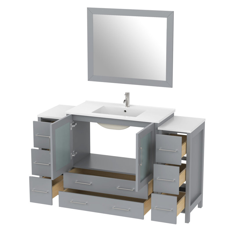 Ensemble de meuble-lavabo autoportant 60 po avec plateau en céramique et miroir assorti Brescia, gris
