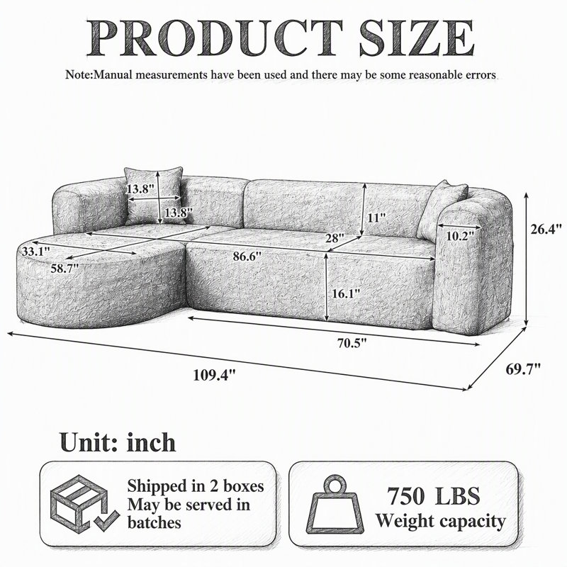 Sofa Upholstered 101.96 " Chenille Sectional, Left Chaise, Grey