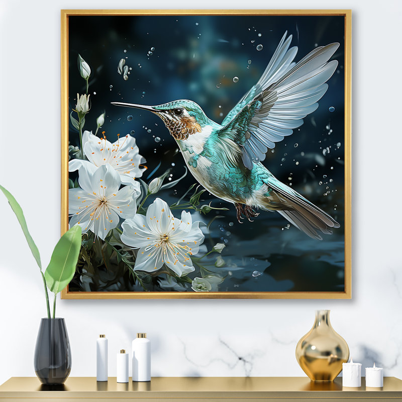 «Green Floral Dancing Hummingbird - Hummingbird Animal», art mural, Encadrement doré, H 36 po x l 36 po