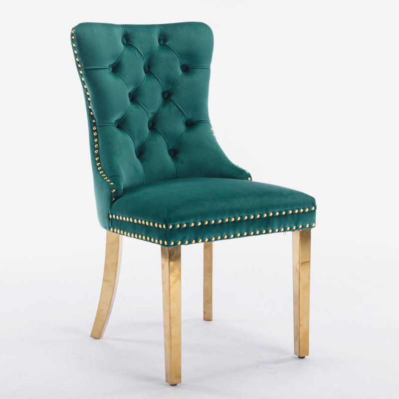 Belmont Button-Tufted Velvet Dining Chair – Premium Fabric & Solid Oak Frame, 1, Green, Gold