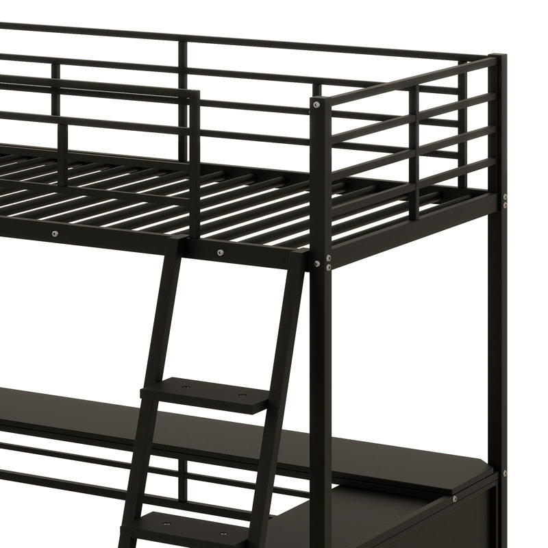 Structure de lit mezzanine en métal avec garde de sécurité, DEL, bureau, tablettes et échelle