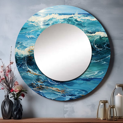 Teal White Ocean Serenade Pointillism I - Nautical & Beach Round Mirror Wall Decor
