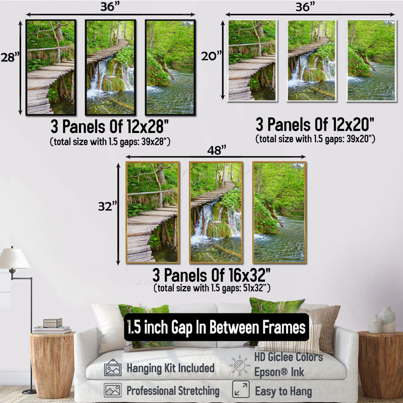 Cascades à Plitvice Lakes - Photographie de 3 pièces sur toile, H 28 po x l 36 po x P 1 po, Noir