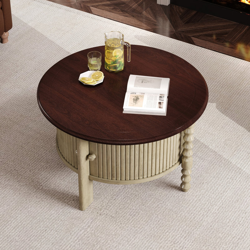 Table basse ronde de 30,3 po de style Mid-Century avec porte coulissante et rangement à lattes, idéal pour la productivité au bureau, beige et polyvalente