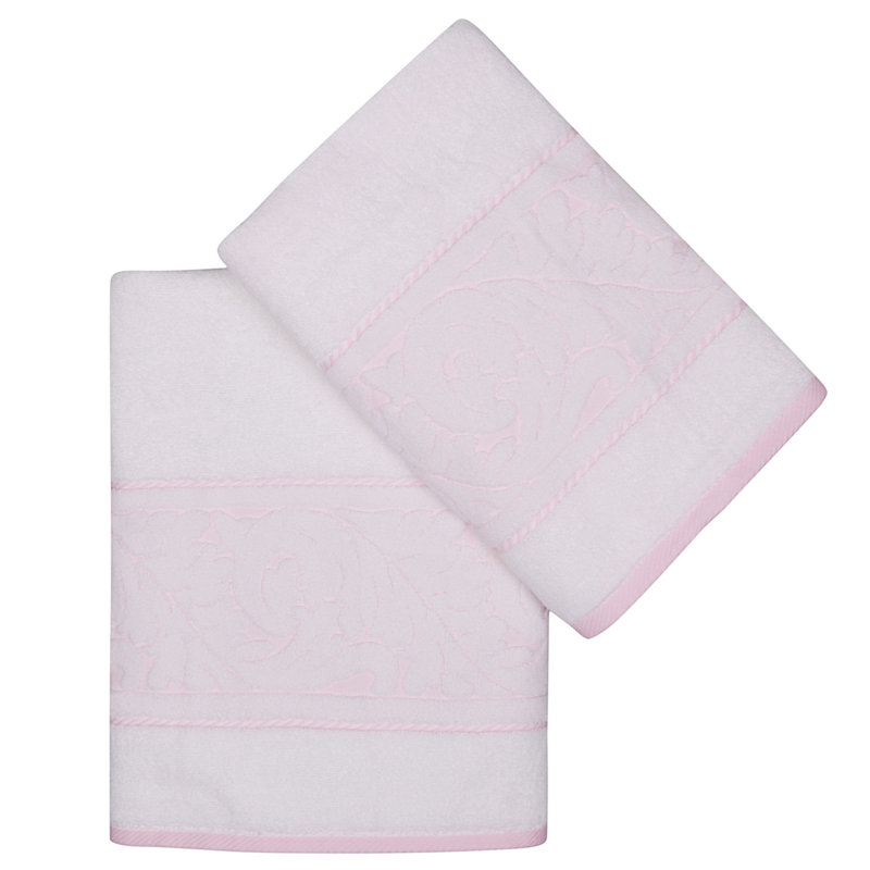 Premium 2-Piece Cotton Towel Set, White & Pink | Bath Towel (27.6 x 55.1 inches) & Hand Towel (19.7 x 35.4 inches) | 100% Soft Cotton, 16.5 oz/sq yd | Machine Washable, Luxurious Absorbency for Home Spa Experience