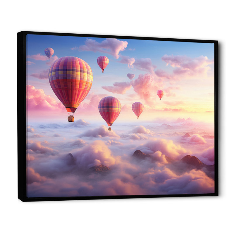 «Pink Hot Air Ballon Ethereal I» sur toile, Cadre flottant noir, H 24 po x l 32 po x P 1 po