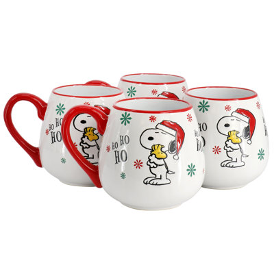 Peanuts Snoopy and Woodstock 4 Piece 20oz Stoneware Holiday Ho Ho Ho Mug Set in Red