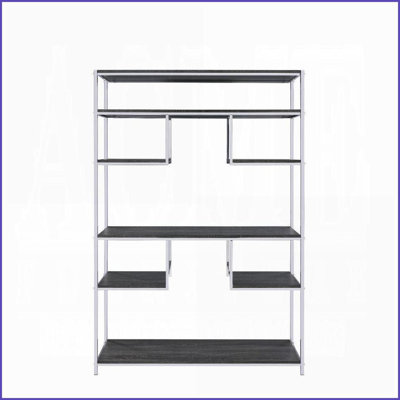 Bookshelf 8-Shelf Rustic Grey Oak &amp; Chrome | Wood + Metal | Primary Living Space