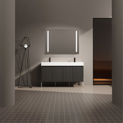 Meuble-lavabo autoportant de 60 po avec double lavabo en résine, armoire de rangement avec portes à fermeture douce