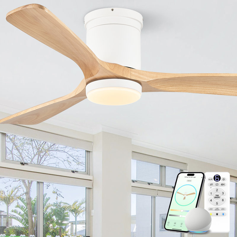 60" Smart Flush Mount Ceiling Fan with Light, 3CCT, Reversible Motor, Remote Control, APP&Voice Control, and Solid Wood Blades