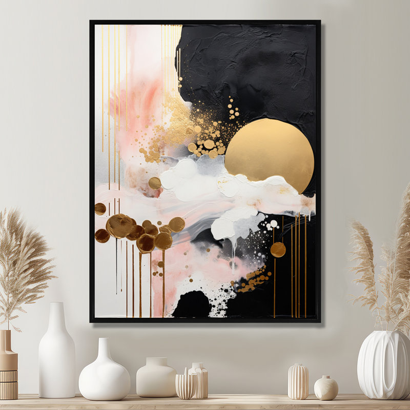 «Golden Full Moon Rising», art mural abstrait, H 20 po x l 12 po x P 1 po, Toile avec cadre flottant noir