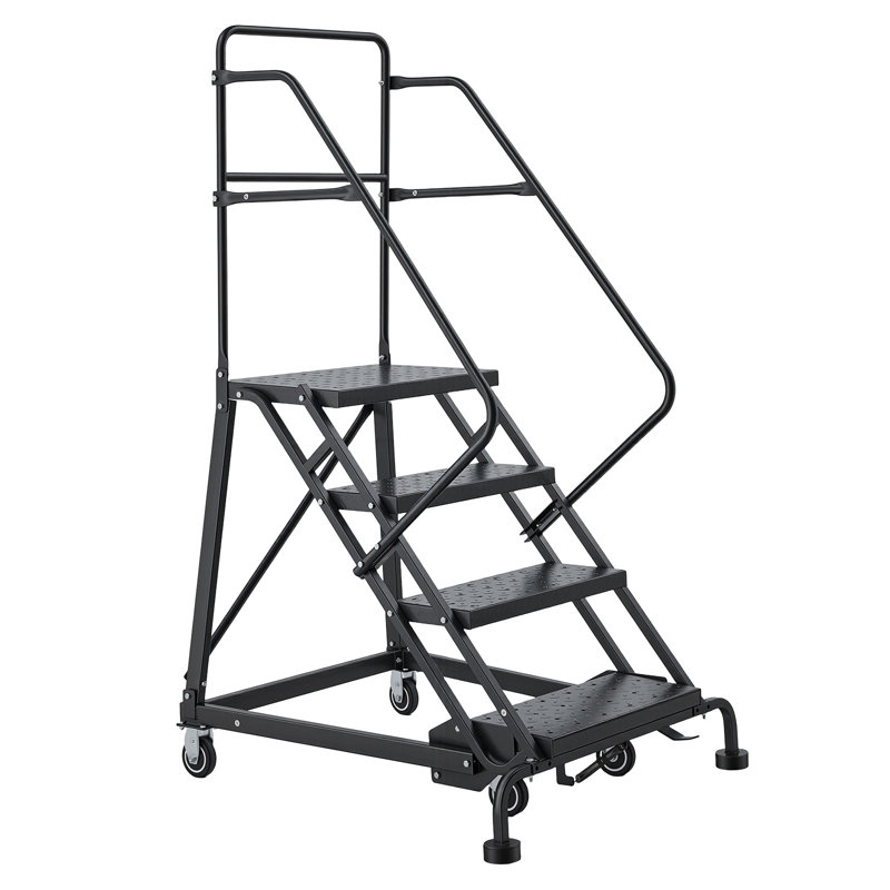 Échelle mobile à 4 marches pour entrepôt, échelle industrielle en acier avec rampes, marches perforées antidérapantes et roues verrouillables, capacité de 204 kg (450 lb) pour garage ou bibliothèque
