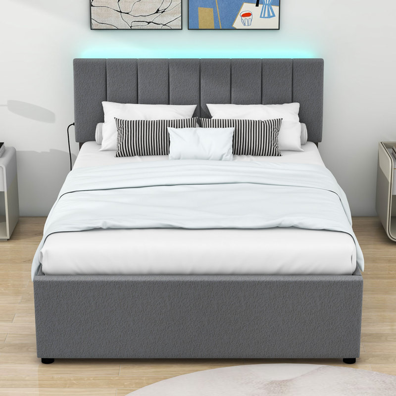 Lit plateforme tapissier classique avec lit gigogne simple Prarthana, gris, Double