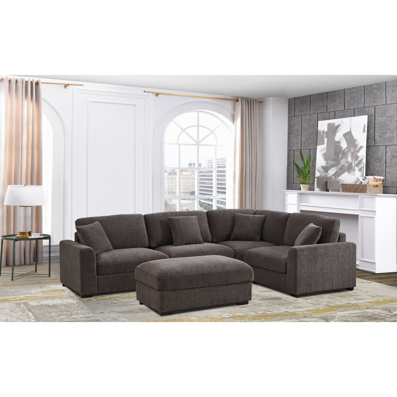 Angellee Modern Upholstered Sectional Sofa 5-seat Modular Wedge Couch w/ Ottoman & 4 Pillows, Dark Gray Polyester Blend