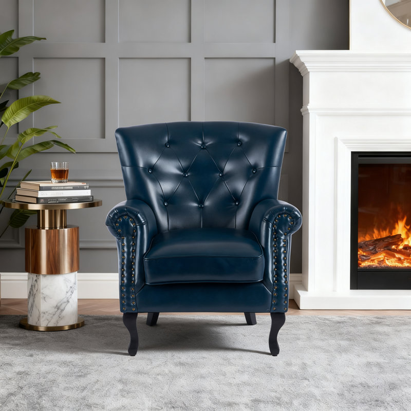 Diavion 24"W Faux Leather Wingback Chair, Navy Faux Leather