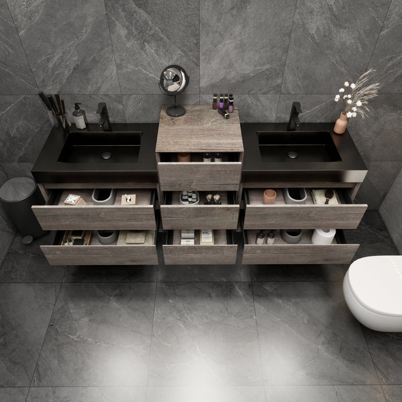 Golitz 79'' Double Bathroom Vanity with Stainless Steel Top, Oak