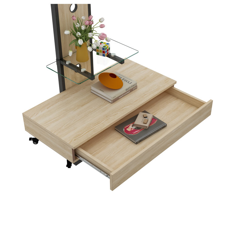 Modern Mobile TV Stand with Wheels & Mount for 32-75" TVs, Adjustable Height Floor Cart with Glass Shelf and Storage Drawer, Natural Wood & Metal Entertainment Center