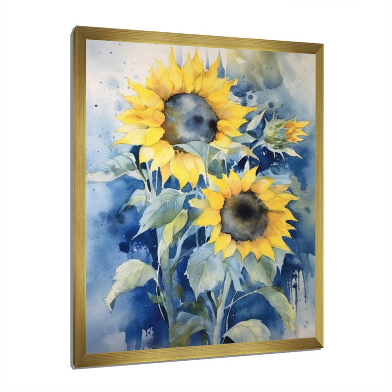 Jaune, bleu, tournesol doré, impression sur toile florale, H 44 po x l 34 po x P 1,5 po, Cadre doré simple