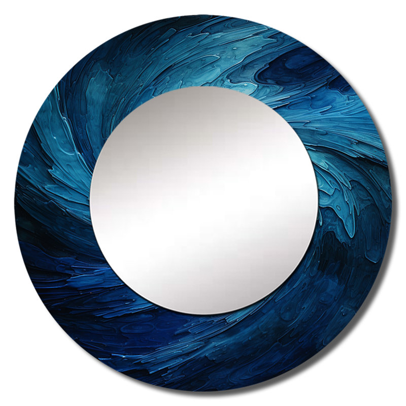 Blue Swirl Wave Spiral I - Abstract Spirals Large Mirror, Blue Decorative Wall Mirror, Printed Metal Art, 29" x 29", Round