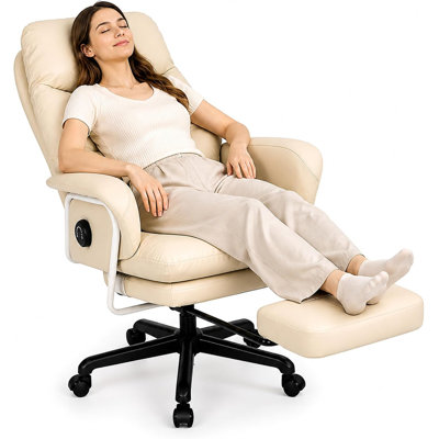 Fauteuil de bureau inclinable avec repose-pieds, fauteuil de bureau inclinable à 180 ° à 4 positions avec support lombaire, appui-tête réglable pour le bureau personnel et la détente, beige