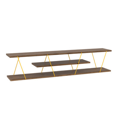 Meuble télé en noyer/jaune, de style moderne du milieu du siècle, avec 4 tablettes ouvertes pour un téléviseur bas de 56 pouces.