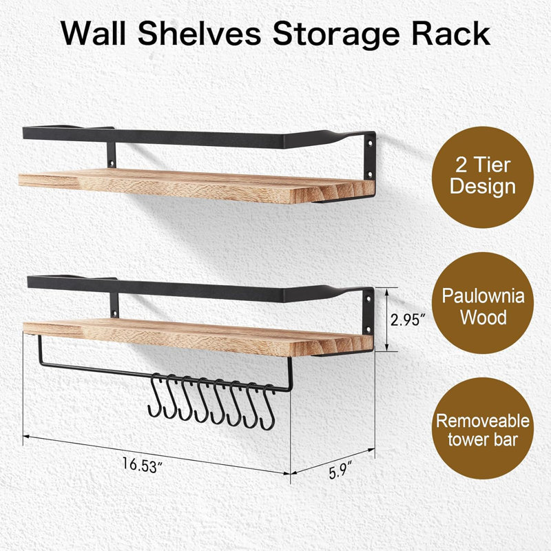 Floating Shelves Wall Mounted Shelf, Solid Wood Shelf, Towel Bar 8 Hooks, Natural