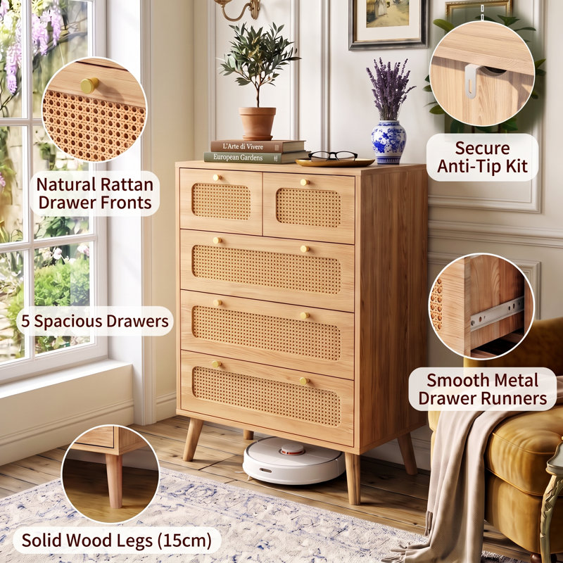 Natural Cane Storage Dressers Solid Wood Chest of Drawers, 5 Drawers (60 x 34 x 91 cm)