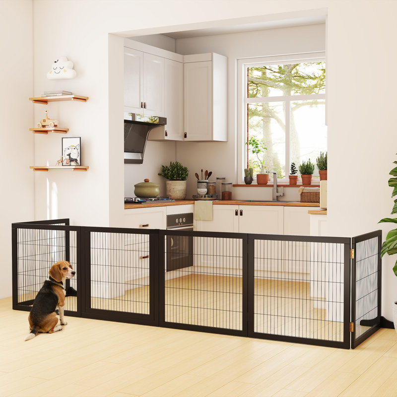 Freestanding Pet Gate 6 Panel Foldable Playpen Black