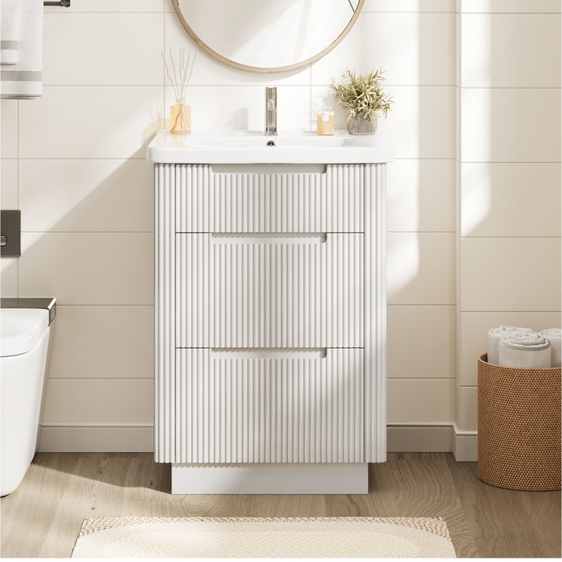 24" Single Bathroom Vanity With Fluted Panel Design And  Ceramic Sink, White