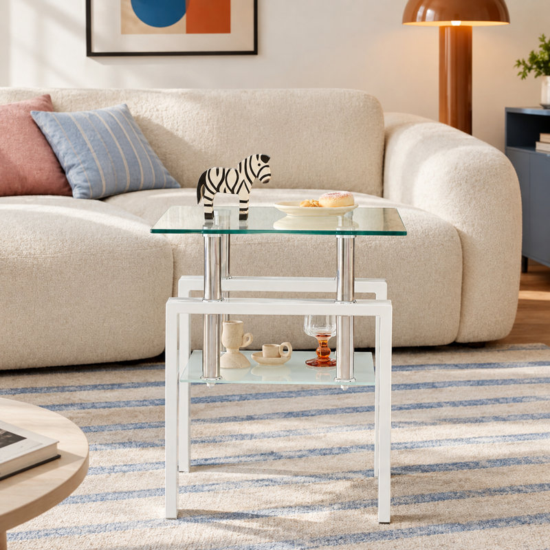 Ensemble de tables de bout carrées en verre avec tablette de rangement, Clear Top and White Leg