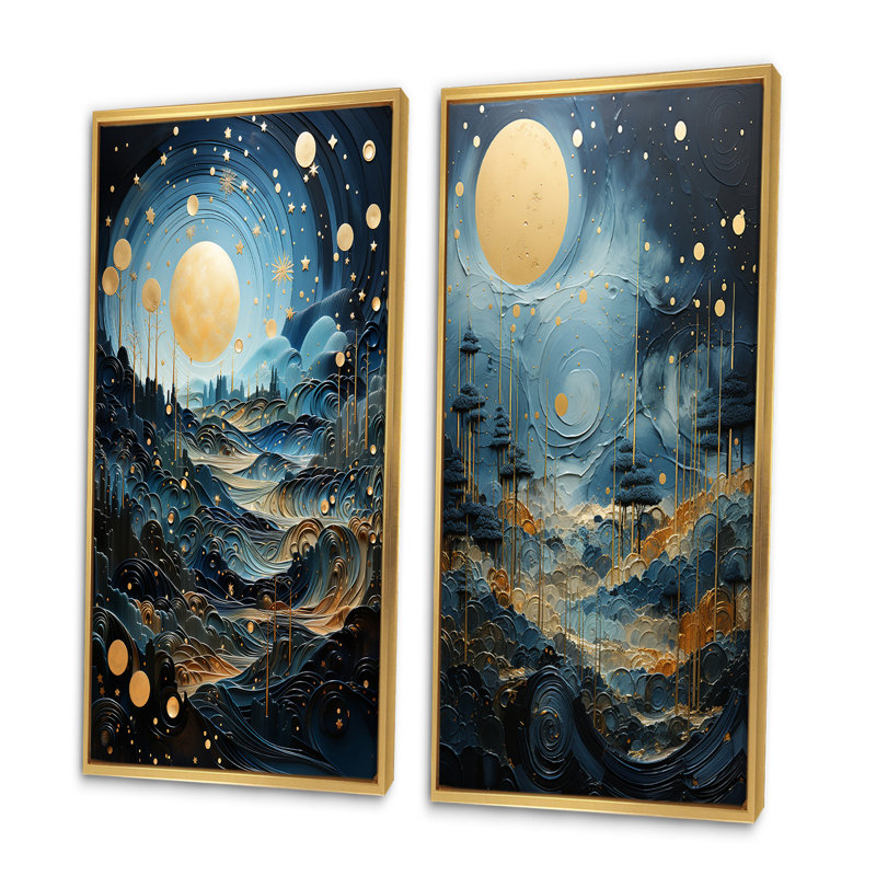 «Gold Blue Uranus Moonlight Mirage», 2 pièces, Encadrement doré, H 24 po x l 20 po