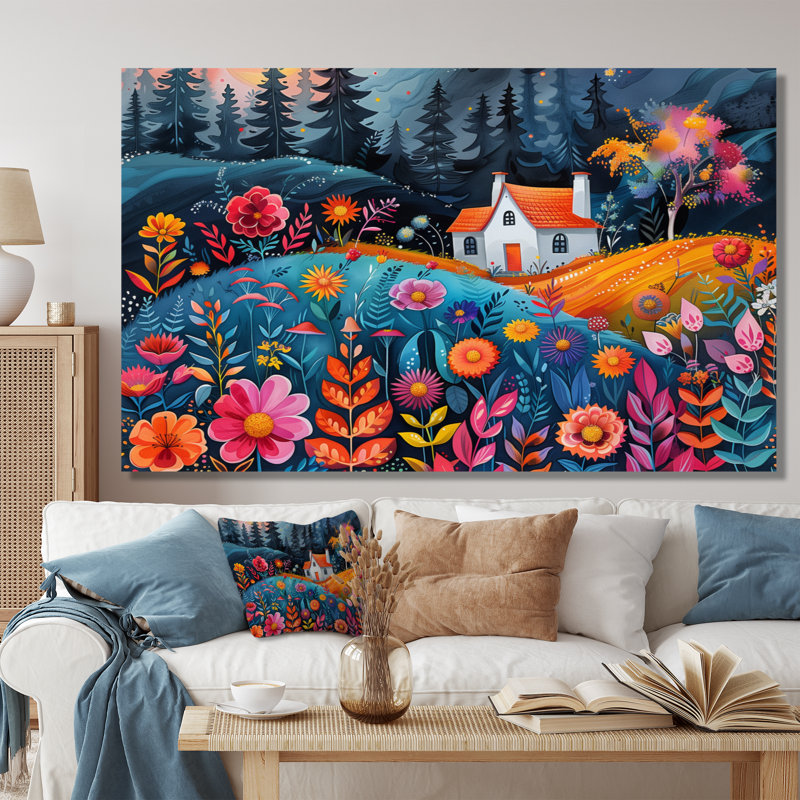 Orange, bleu, été, ferme, jardin, beauté I - ferme, art mural, Toile tendue, H 40 po x l 60 po