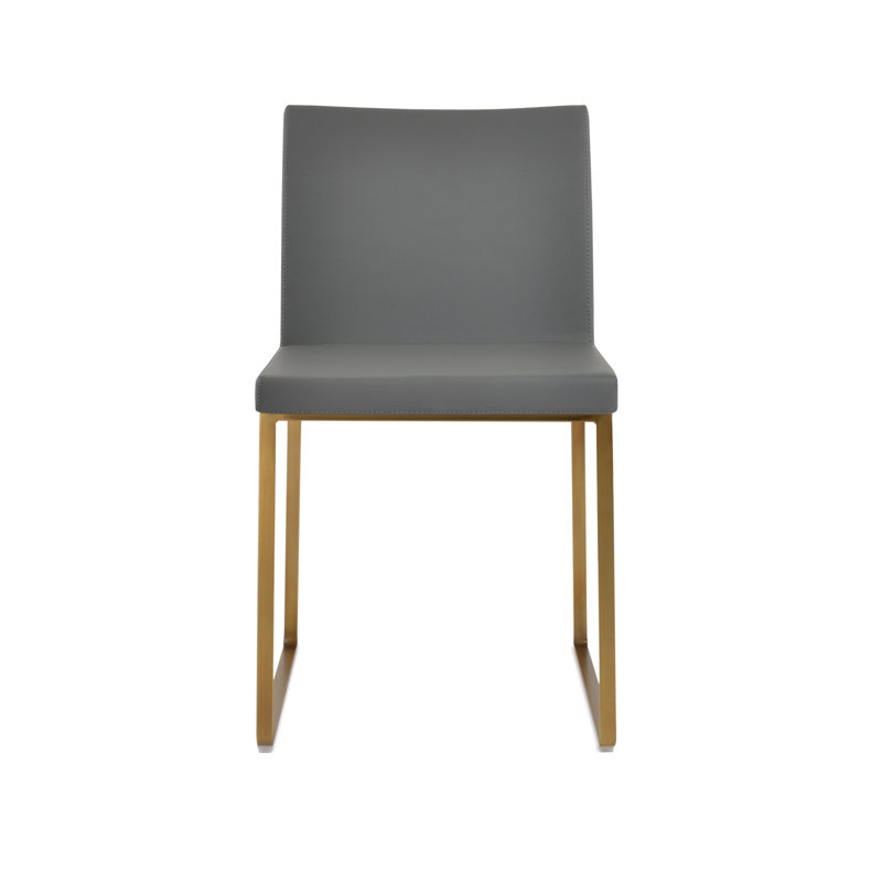 Aria Metal Upholstered Back Dining Chair, Grey Faux Leather, Brass