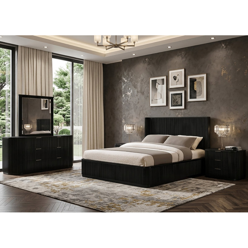 Lit cannelé en bois massif Queensbury, Grand lit, Black