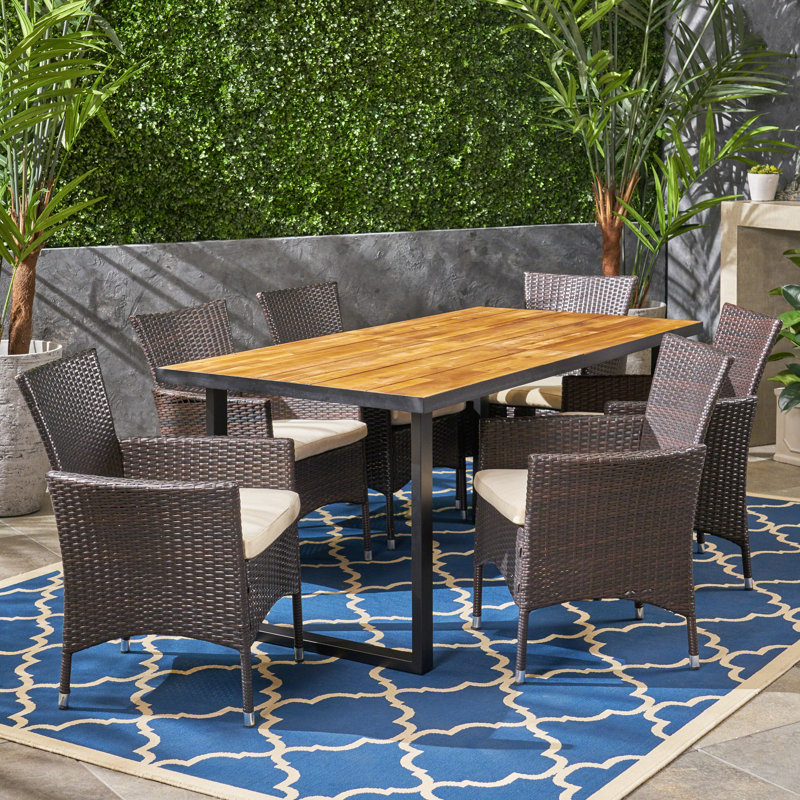 Wadsworth 6 - Person Acacia Wicker Patio Dining Set with Rectangular Table , Cushions Included